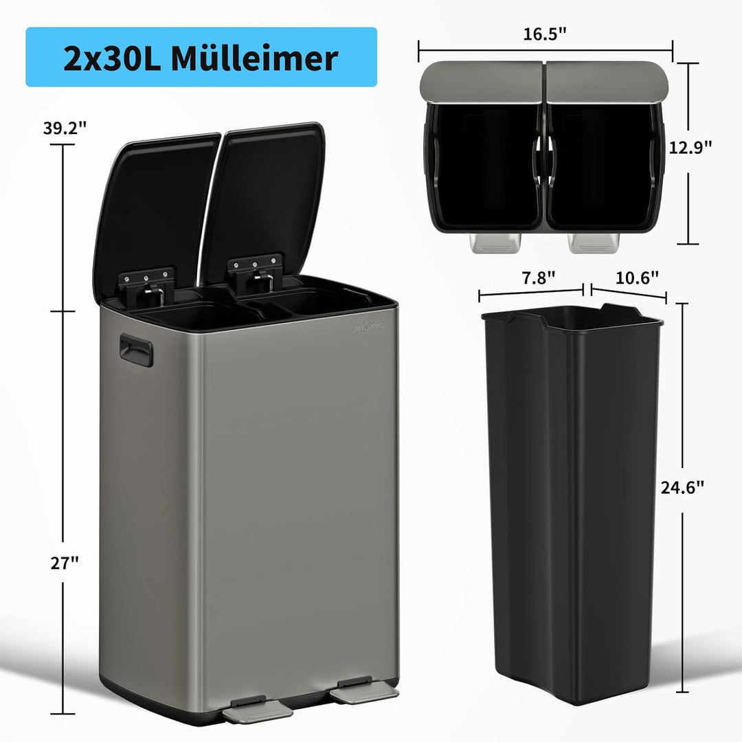 mVm Mülleimer Küche,60 Liter Treteimer,2x30L Doppelter Abfalleimer 2er-Mülleimer Mülltrennung mit In