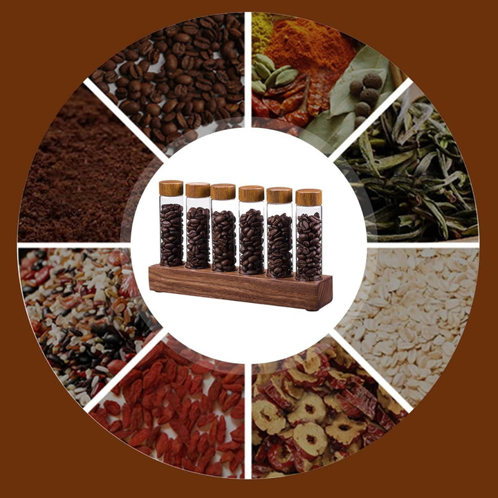 Kaffeebohnen -Röhren Kaffeebohnenkeller 6pcs Einzeldosis Kaffeebohnen -Lagerrohre mit Holzständer ＆