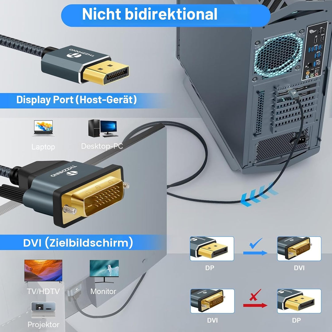 Displayport vers DVI Câble 5M, DP vers DVI-D Nylon Tressé Adaptateur,Mâle vers Mâle 1080P@60Hz Ligne