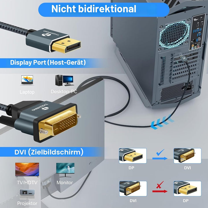 Displayport vers DVI Câble 5M, DP vers DVI-D Nylon Tressé Adaptateur,Mâle vers Mâle 1080P@60Hz Ligne