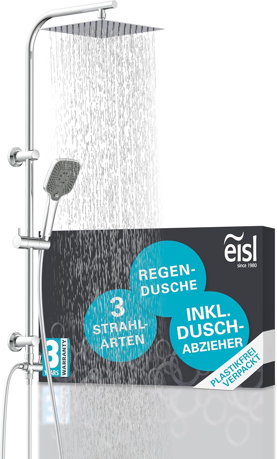 EISL EASY DELUXE Duschset, Duschsystem ohne Armatur 2 in 1 mit grosser Edelstahl Regendusche (300 x