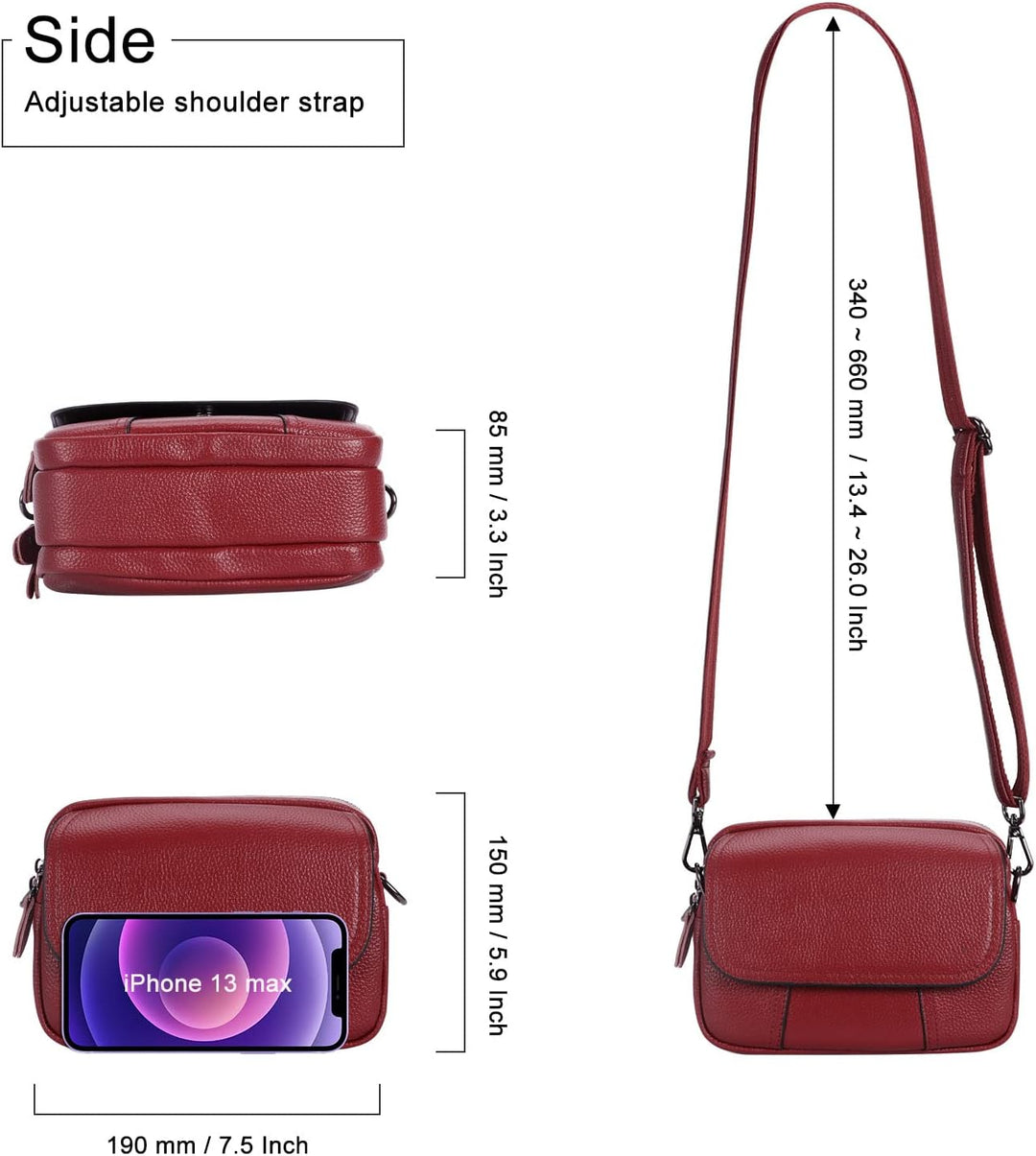 HAWEE Damen Handy Umhängetasche Echtes Leder Crossbody Schultertasche mit 3 Reissverschlüsse Kleine