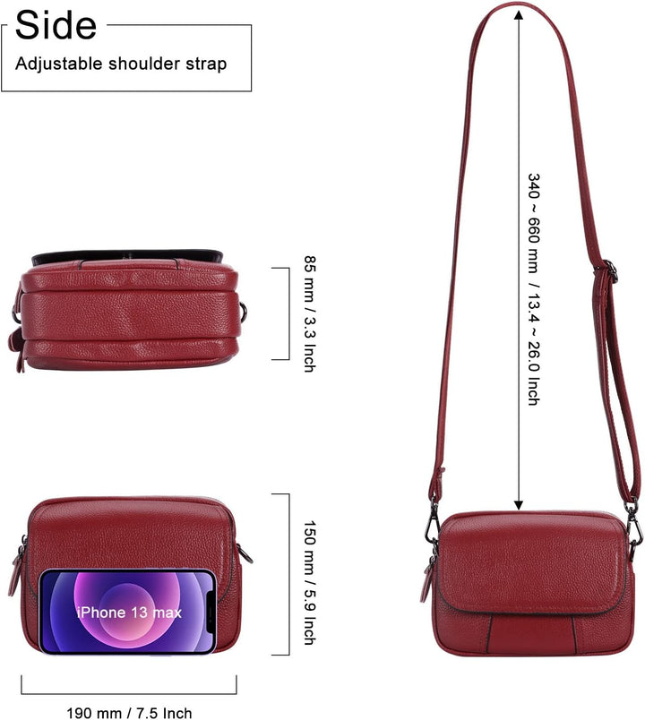 HAWEE Damen Handy Umhängetasche Echtes Leder Crossbody Schultertasche mit 3 Reissverschlüsse Kleine