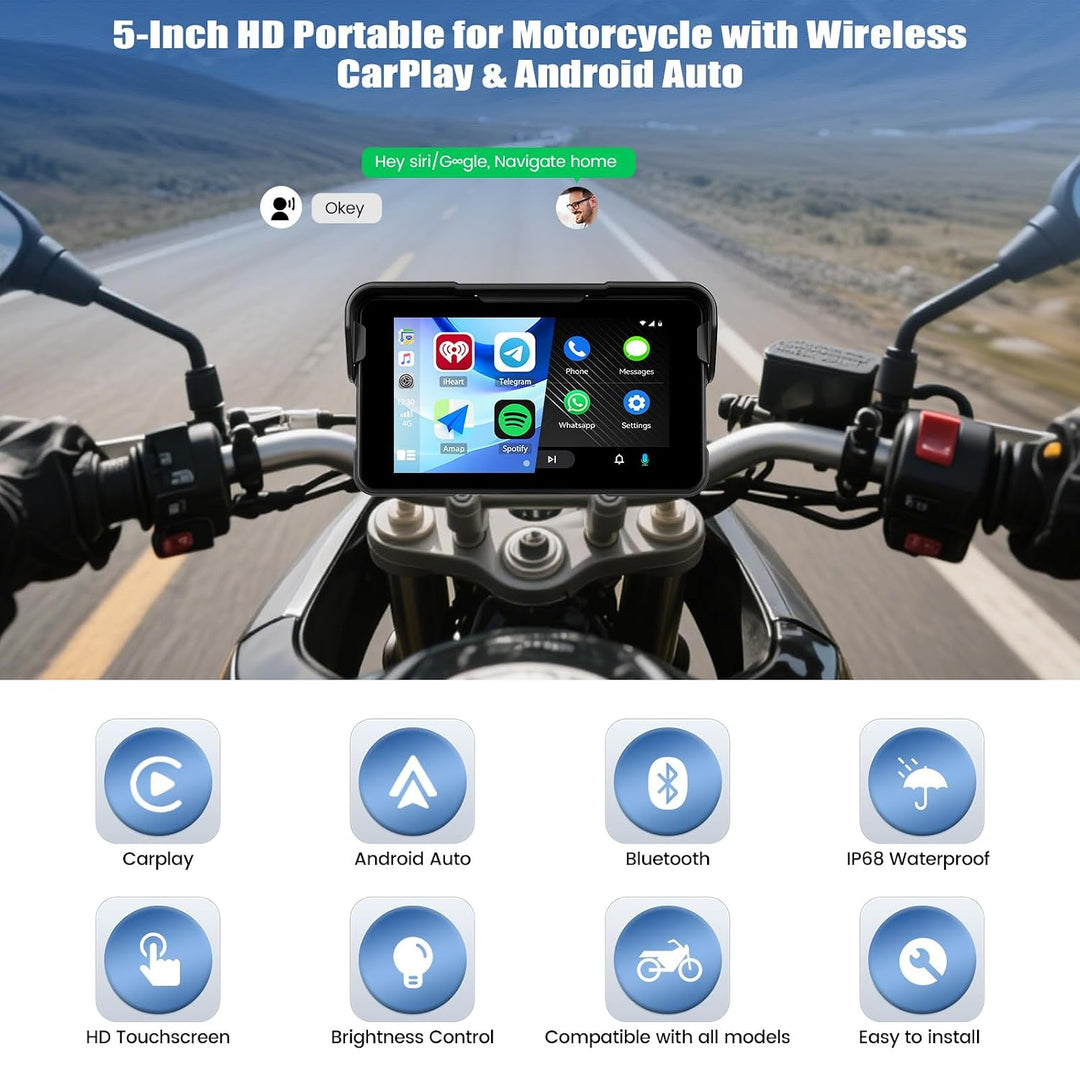 SIXWIN Motorrad Carplay Display für Moto mit Wireless Carplay Android Auto, 5 Zoll HD Touchscreen Bi