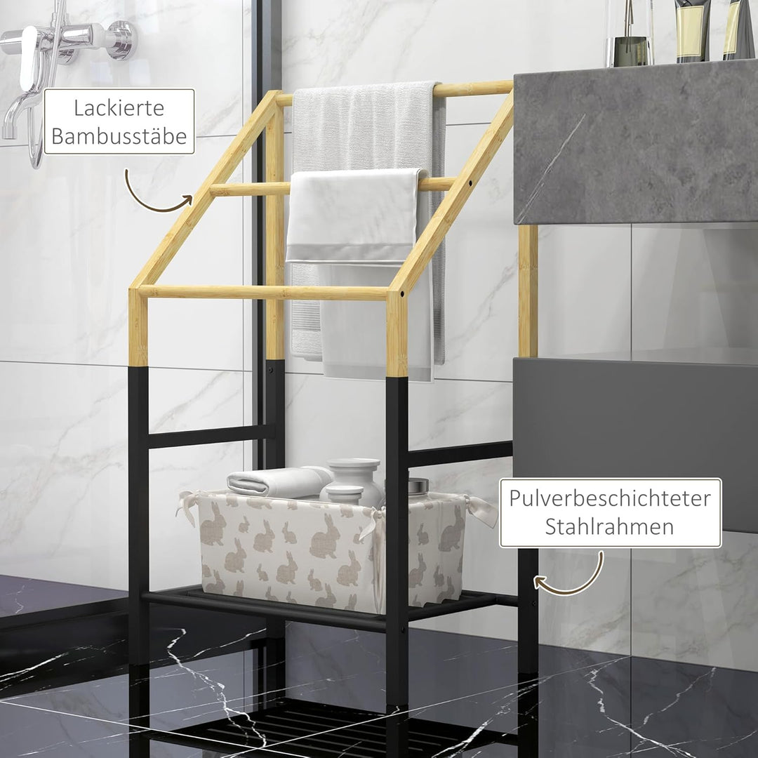 HOMCOM Handtuchhalter, Freistehend Handtuchständer mit Ablage, 3 Handtuchstangen, Badetuchhalter für