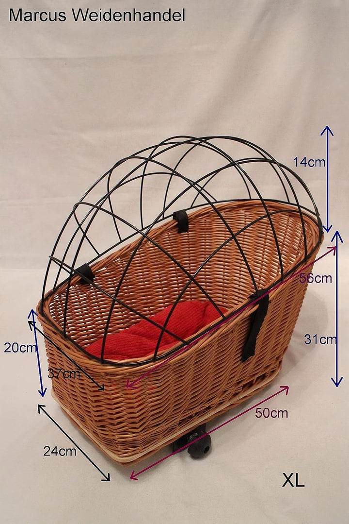 Hundefahrradkorb für Gepäckträger aus Weide mit Metallgitter und Kissen Natur XL oder XXL Gepäckträg