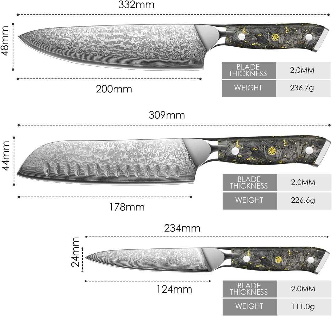 Home Safety 3er Damast Messerset mit Klingen von 12.4 bis 20 cm Länge - Hochwertiges Damastmesser Se