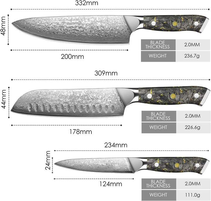 Home Safety 3er Damast Messerset mit Klingen von 12.4 bis 20 cm Länge - Hochwertiges Damastmesser Se