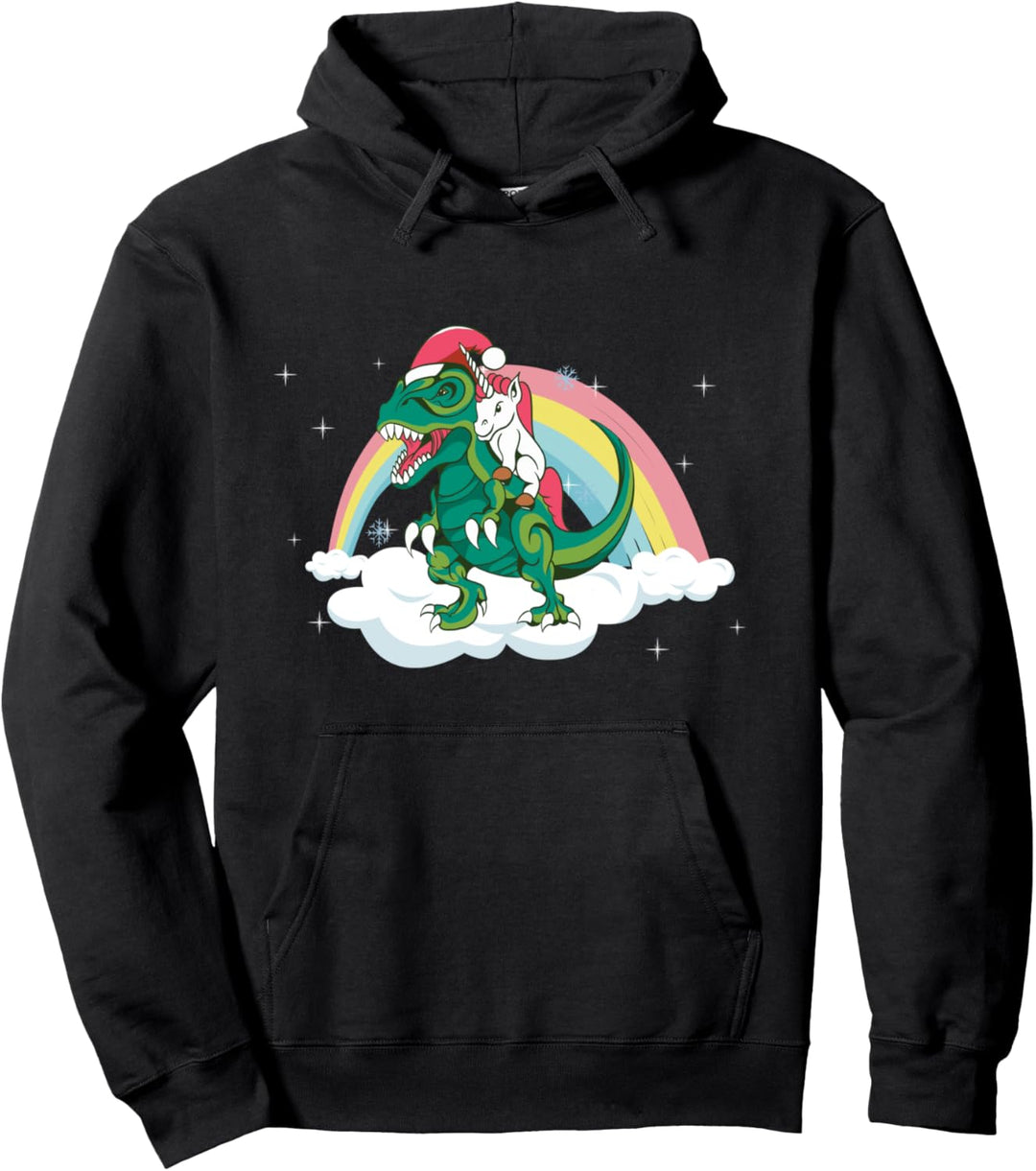 Unicorn Riding a Magical Dinosaur Christmas Santa Hat Pullover Hoodie