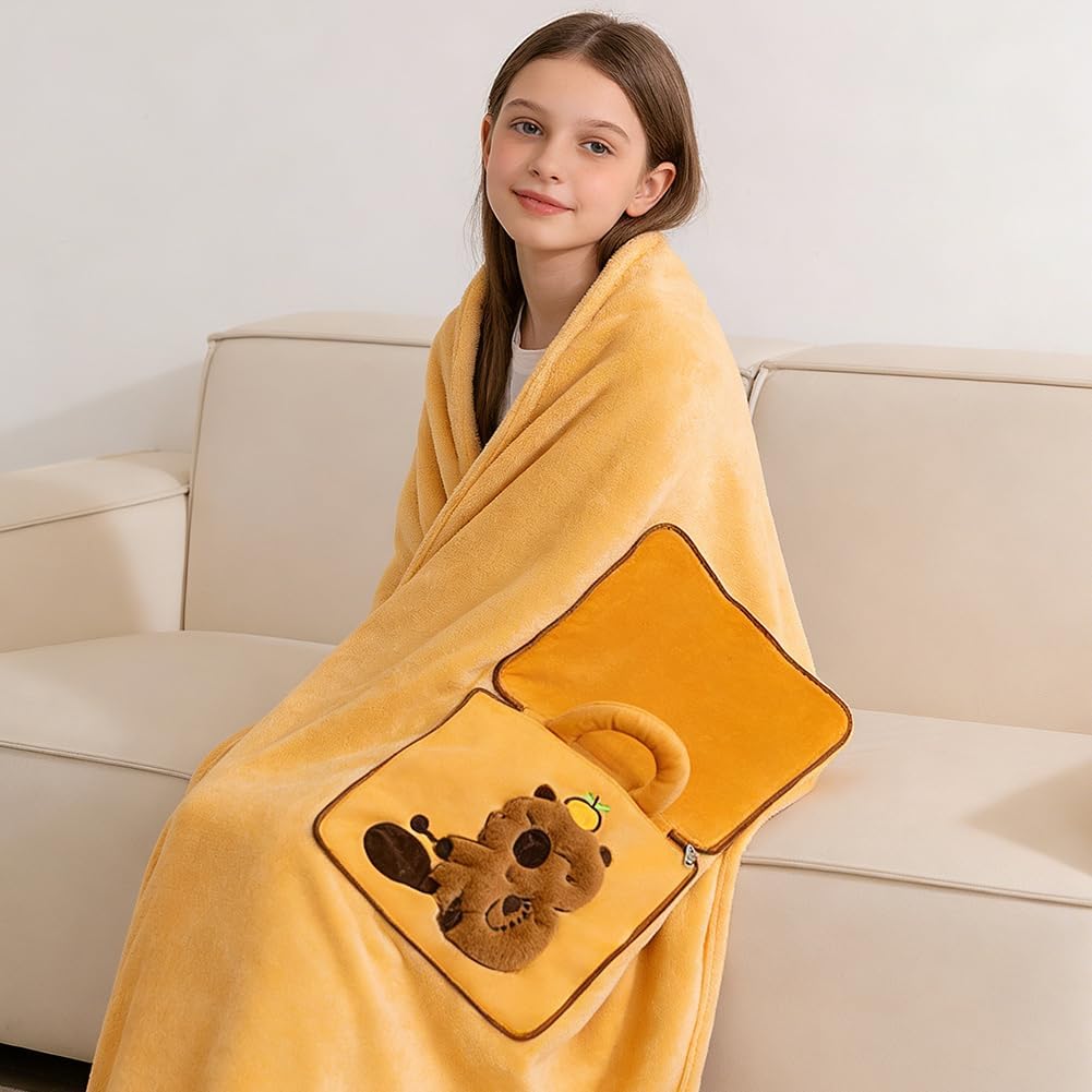 2-in-1 Capybara Decke und Kissen, 2-in-1 Kissendecke Plüsch Fleecedecke Warm Reisedecke, Tragbare Fl