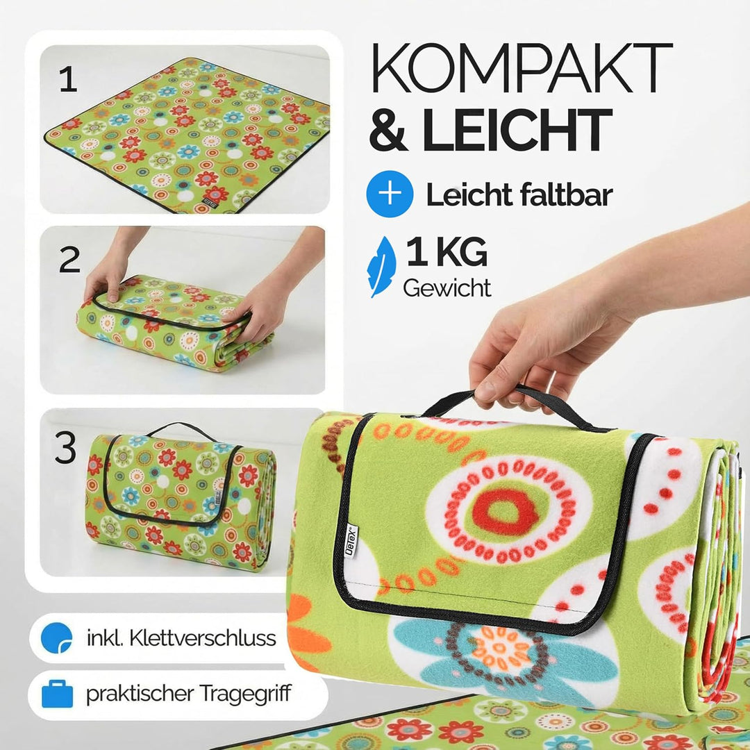 DETEX® Picknickdecke Campingdecke XXL 200x200 cm Wasserdicht Wärmeisoliert Waschbar Fleece Faltbar f