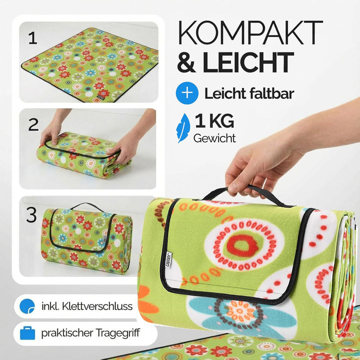 DETEX® Picknickdecke Campingdecke XXL 200x200 cm Wasserdicht Wärmeisoliert Waschbar Fleece Faltbar f