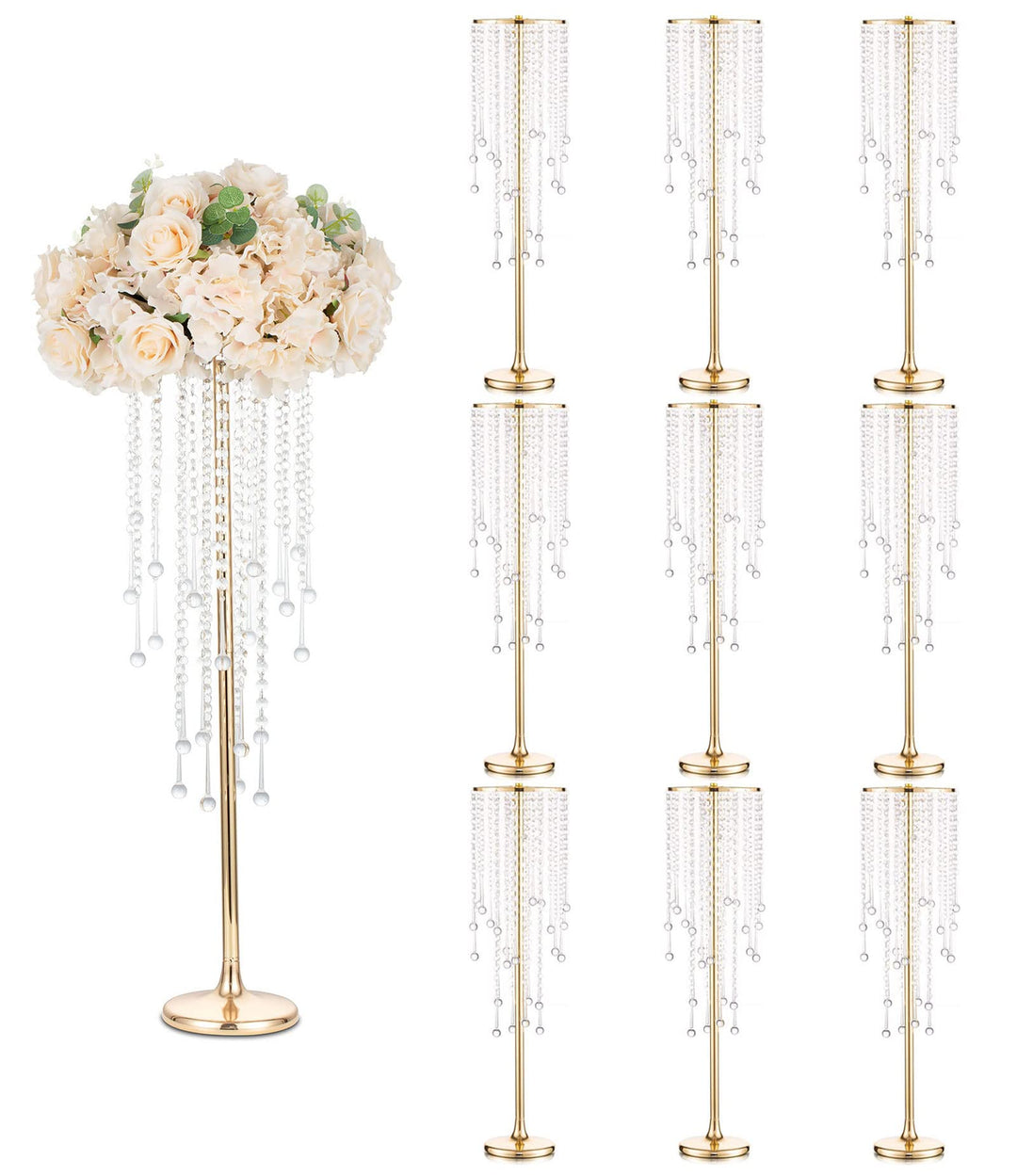 Sziqiqi 75cm Metall Gold Vasen mit Kristall Kette Hochzeits Tischdekoration – 10Stück Hoch Vase Blum