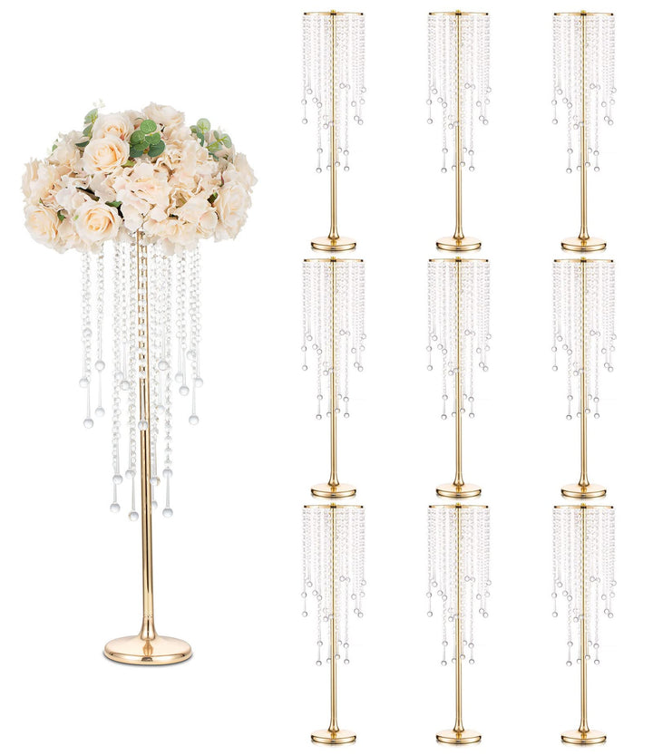 Sziqiqi 75cm Metall Gold Vasen mit Kristall Kette Hochzeits Tischdekoration – 10Stück Hoch Vase Blum