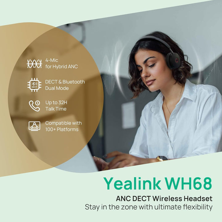 Yealink WH68 ANC DECT Kabelloses Headset mit Mikrofon, 4X AI-Mic mit Geräuschunterdrückung, 185m Rei