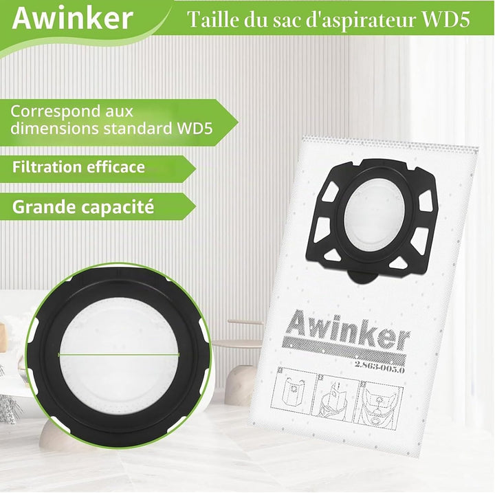 10 Stück Staubsaugerbeutel für Kärcher 2.863-006.0 Vliesfilterbeutel 487 Ersatzbeutel WD4 WD5 WD6 WD