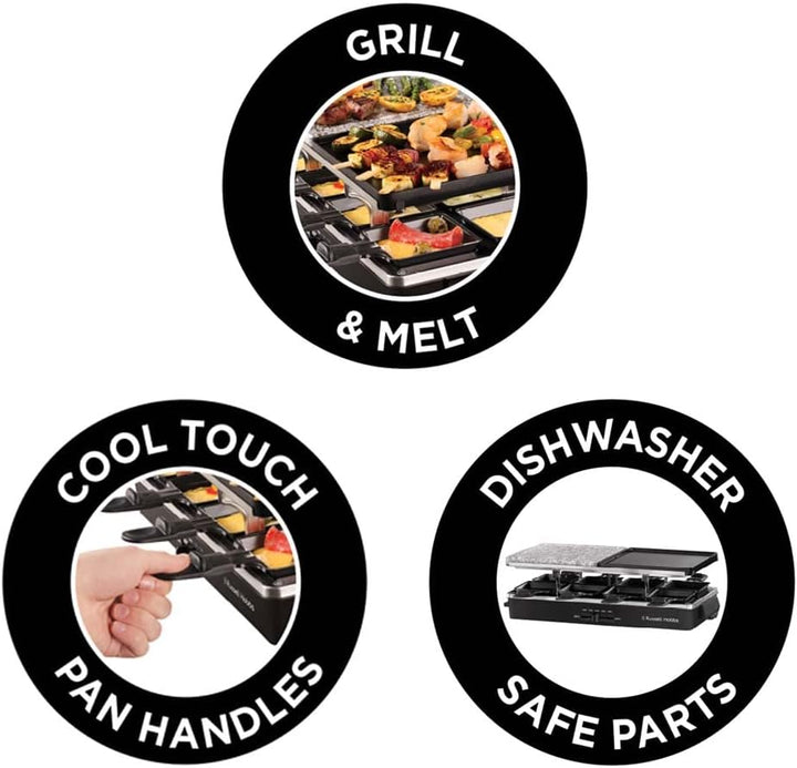 Russell Hobbs Raclette Grill 8 Personen (inkl. 8 Pfännchen & Holzspachtel,2 Tischgrill-Platten: Natu