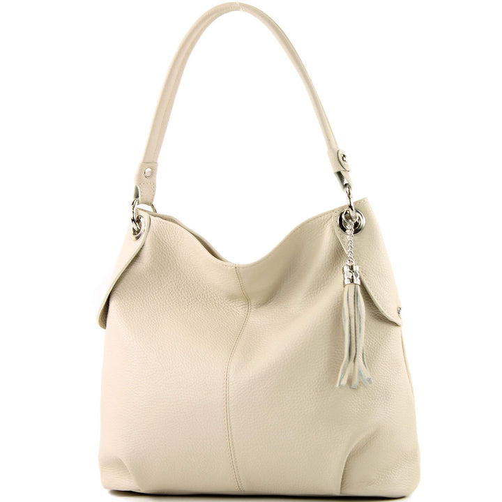 modamoda de - T185 - ital. Damen Schultertasche aus Leder Creme, Creme