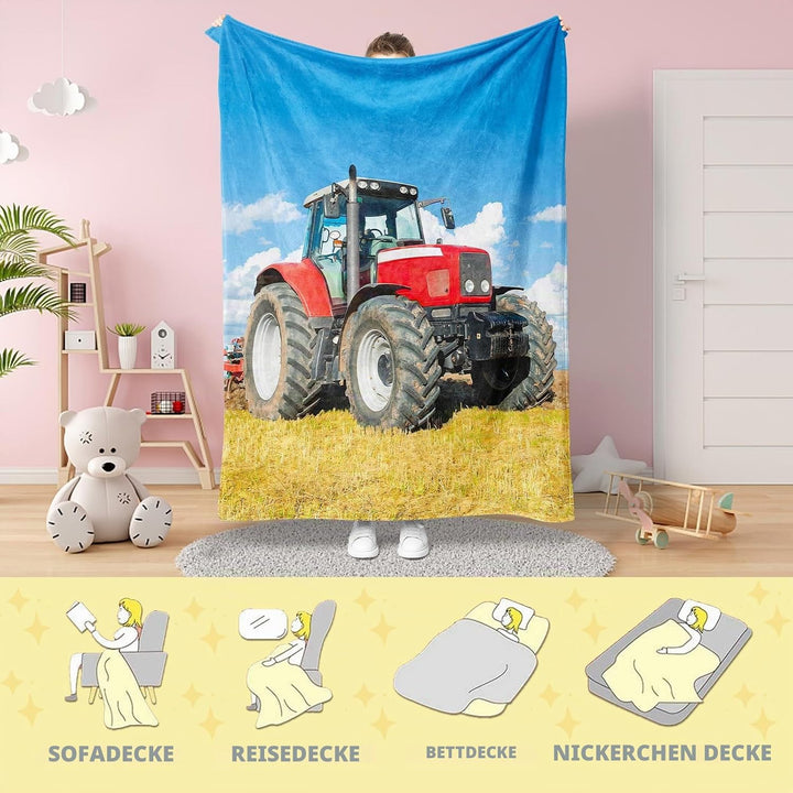Rote Kuscheldecke Traktor 130×150 cm, weiche Plüschdecke im ländlichen pastoralen blauen Himmelsstil
