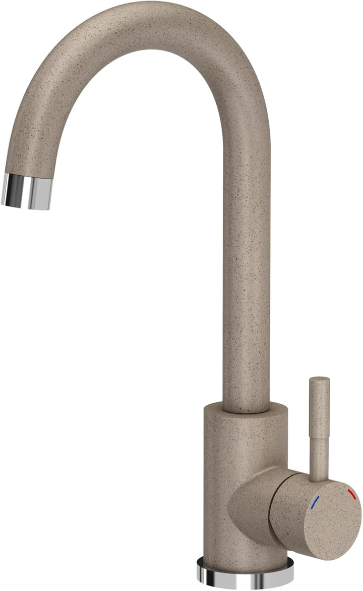 VBChome Spülbecken mit Armatur Beige 62 x 44 cm Granit Einzelbecken Einbauspüle Abtroffläche gespren