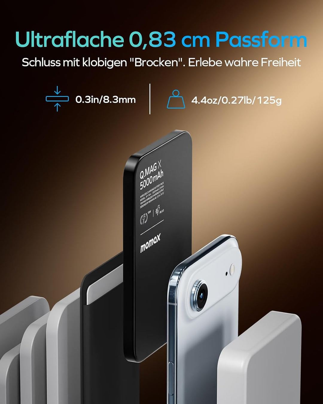 MOMAX 5000mAh Magsafe Powerbank iPhone, 0.33" Ultra Slim Wireless Magnetische Powerbank, PD 20W Fast