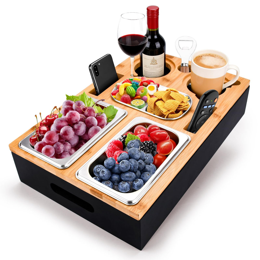 Couchbar Snackbox-Sofatablett Mit 2 Edelstahlschalen &amp; Gewürzschale,Sofa Tablett,Abnehmbarer Magnet-
