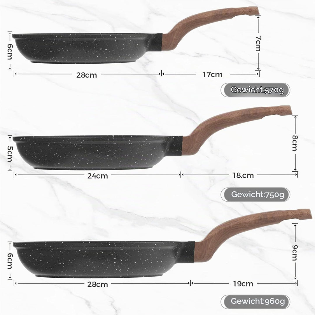 YASHE Antihaft-Bratpfannen-Set, 3-teilig mit 20/24/28 cm Granit-Pfannen, induktionsgeeignet, gesunde