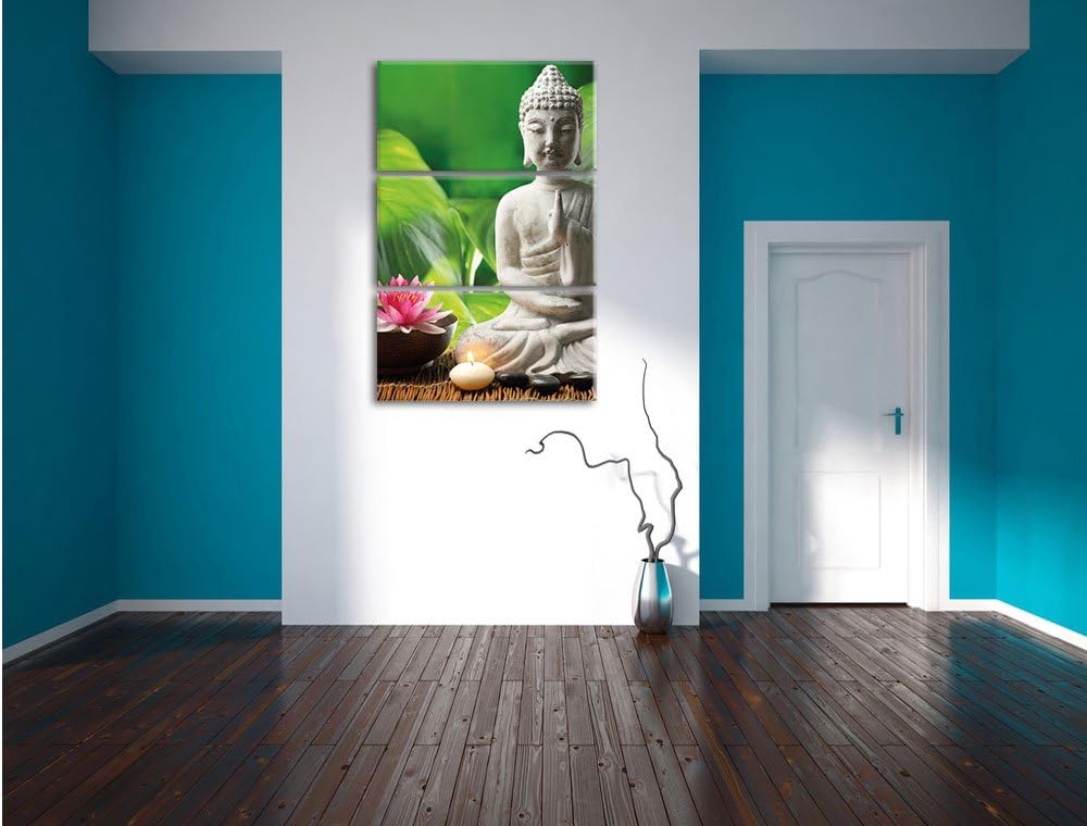 Pixxprint Seerose Buddha Statue als Leinwandbild/Grösse: 3 Teilig (120x80 cm) cm/Wandbild/Kunstdruck