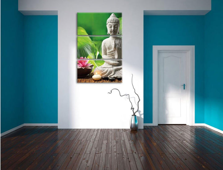 Pixxprint Seerose Buddha Statue als Leinwandbild/Grösse: 3 Teilig (120x80 cm) cm/Wandbild/Kunstdruck