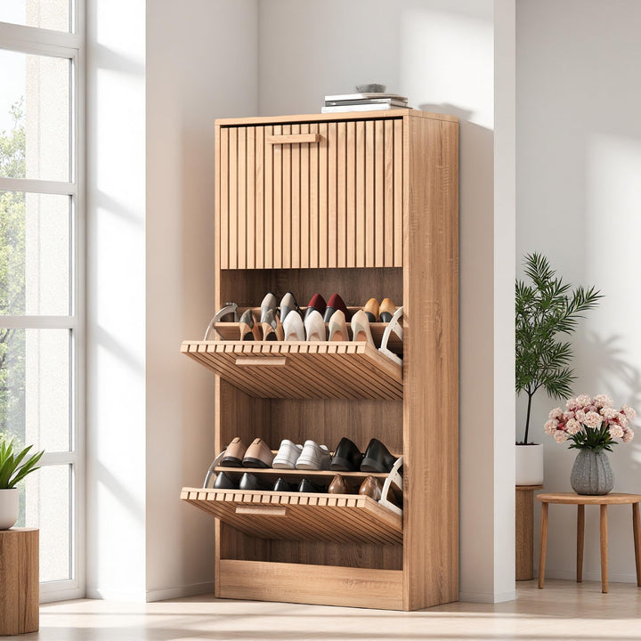 Schuhschrank mit 3 Klappen, Rattan Schuhschrank mit 6 Ablageflächen, Holz Schuhkommode, Freistehende