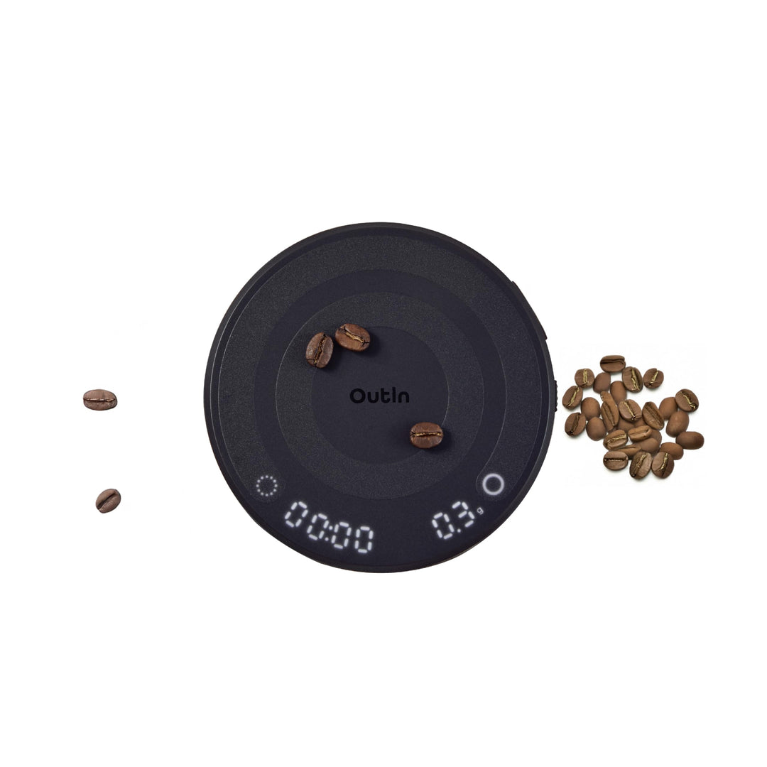 OutIn Claro Tragbare Kaffeewaage mit Timer - Digitale Espresso Waage 2kg/0,1g, Mini Kaffeewaage Inkl