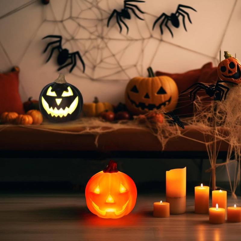 Kazaigou 2 Stück LED Kürbis Deko Kürbis Kunststoff mit 2 Stück Halloween 3D Aufkleber, Halloween Dek