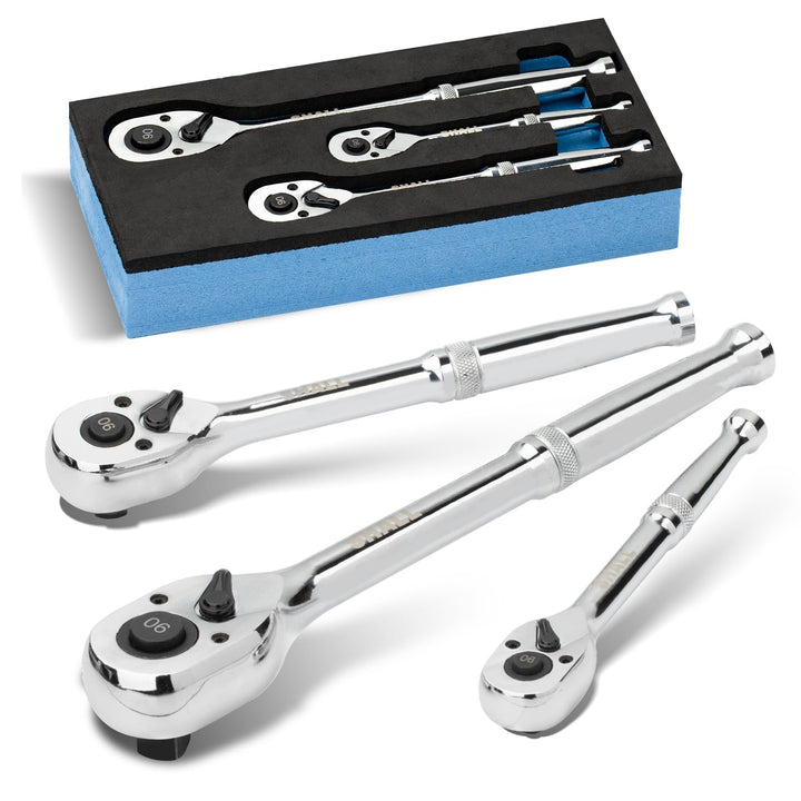Shall 3 Stück Umschaltknarre | 1/4", 3/8", 1/2" 90-Zahn Ratsche mit Schnellspanner | Chrom-Vanadium-