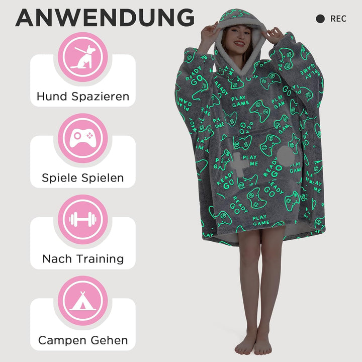 OLAOLA Decken Hoodie, Übergrosse Tragbare Decke Leuchtet im Dunkeln, Weicher Plüsch Kapuzenpullover