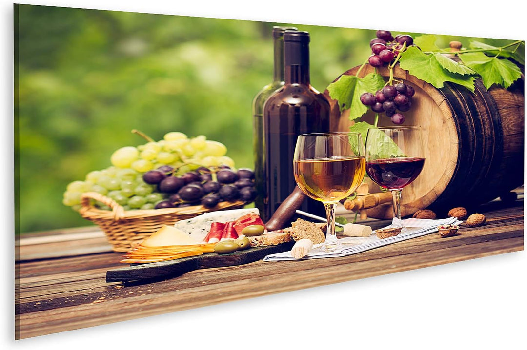 islandburner Bild auf Leinwand Wein Käse Tisch Close Up Bilder Wandbilder Poster Leinwand 120x40cm -