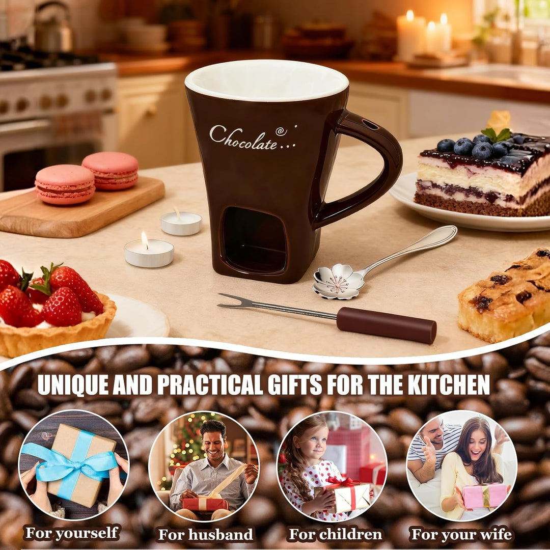 Schokofondue Tasse, 200ml Schokoladen Fondue Becher Set, Keramik Schokoladenfondue Set, mit Gabel un