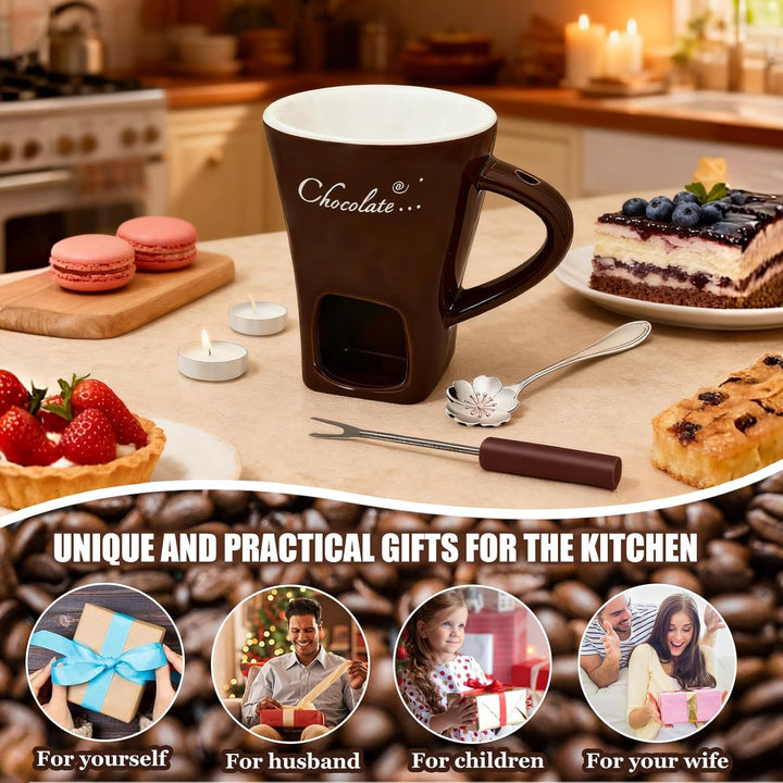 Schokofondue Tasse, 200ml Schokoladen Fondue Becher Set, Keramik Schokoladenfondue Set, mit Gabel un