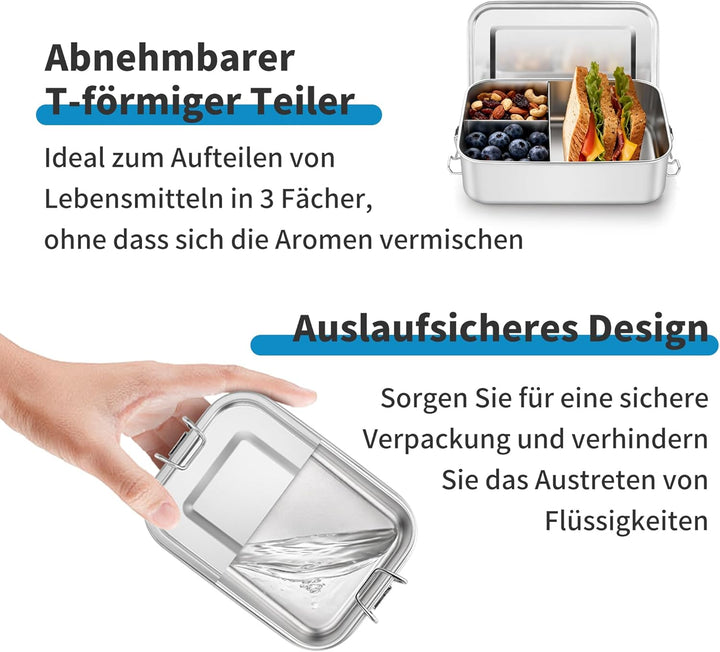 Onader Edelstahl Brotdose mit Fächern 2er Set, 850ml & 1400ml Bento Box Lunchbox mit Abnehmbar Trenn