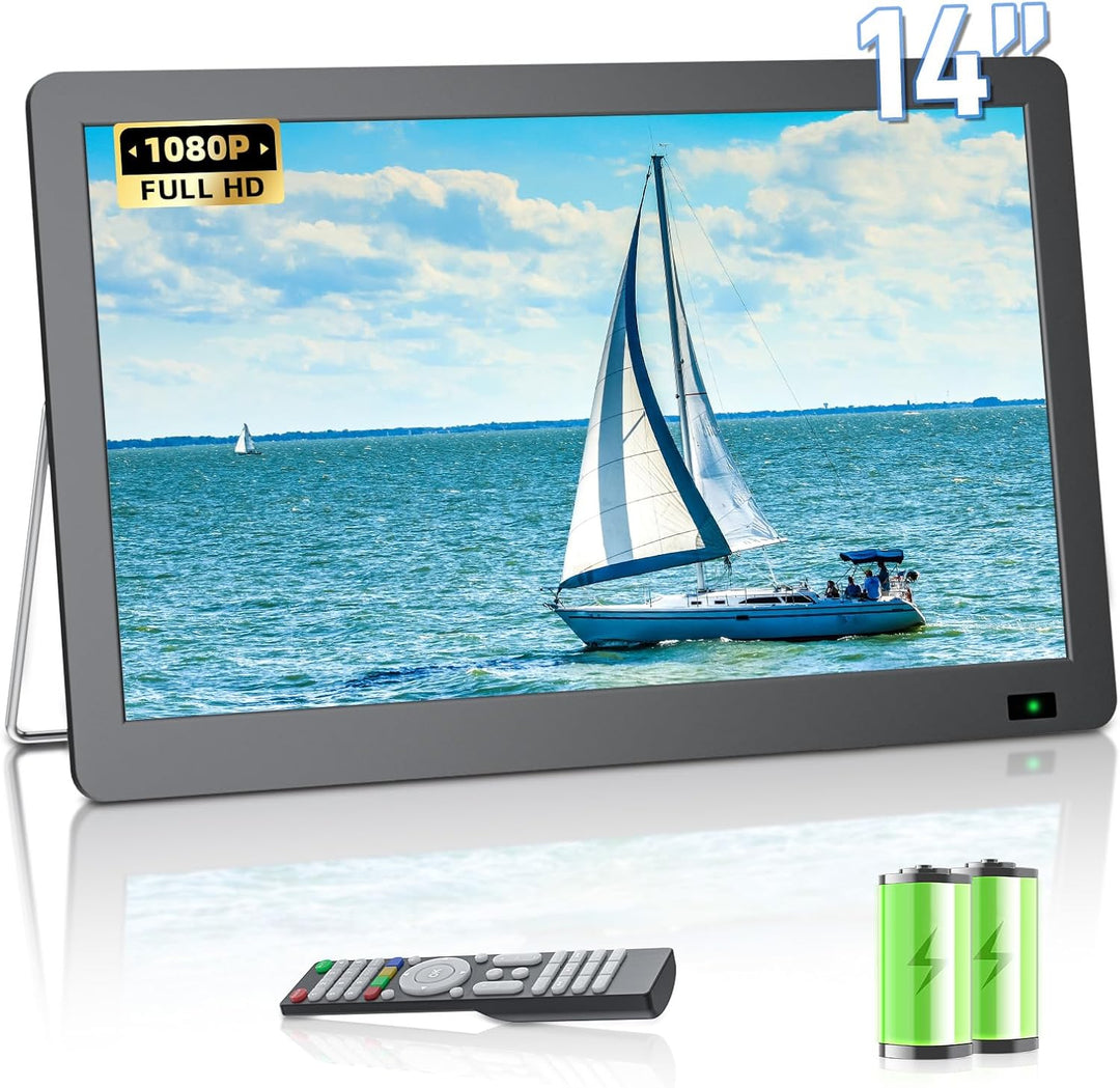 DESOBRY Tragbarer 14.3-Zoll-Fernseher mit Antenne, Kleiner tragbarer Fernseher mit DVB-T2 Tuner, Min