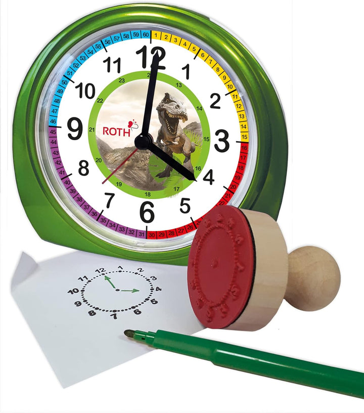 ROTH Lernuhr mit Stempelset Tyrannosaurus, Geschenkset aus Kinder-Wecker und Stempel mit Farbkissen