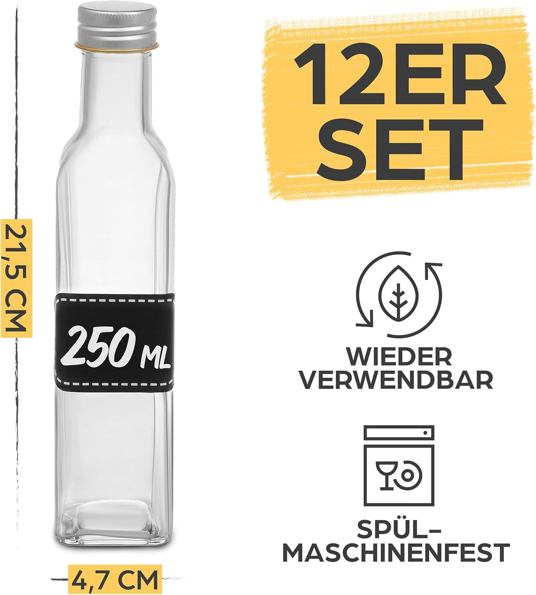 Praknu 12er Set Glasflaschen 250ml Schraubverschluss Eckig - Leere Flaschen zum Befüllen - 12 Etiket