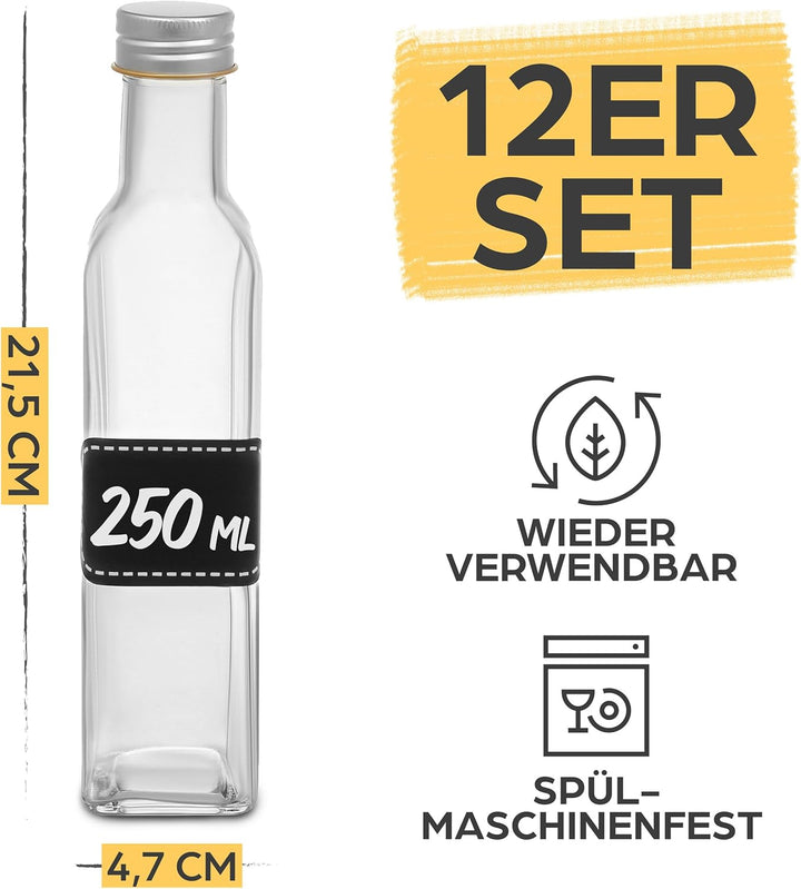 Praknu 12er Set Glasflaschen 250ml Schraubverschluss Eckig - Leere Flaschen zum Befüllen - 12 Etiket