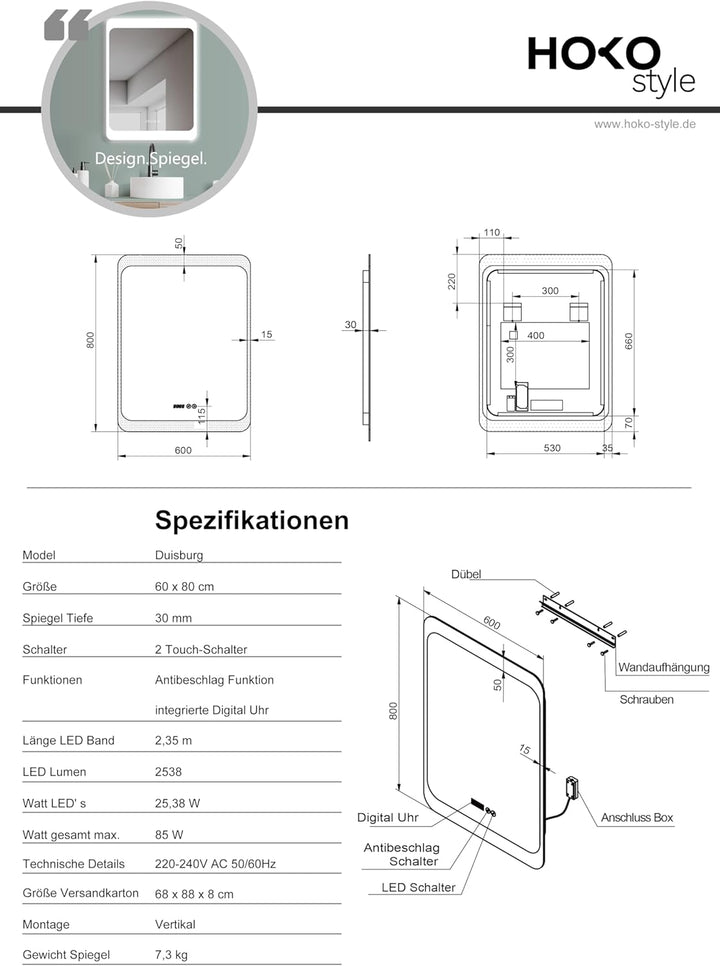 HOKO® LED Badspiegel mit ANTIBESCHLAG SPIEGELHEIZUNG und digitaler Uhr, Duisburg 60x80cm, Badezimmer