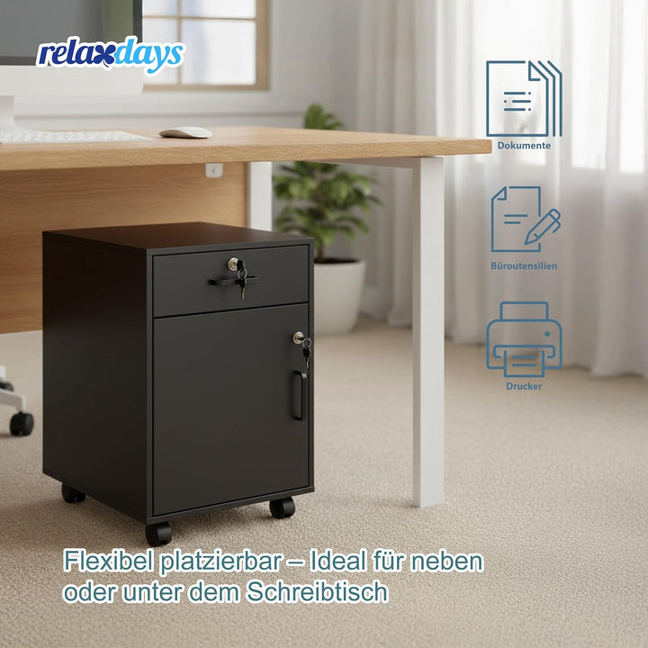 Relaxdays Rollcontainer, Schublade & Türfach, HxBxT: 57 x 40 x 40 cm, abschliessbar, Aktenschrank au