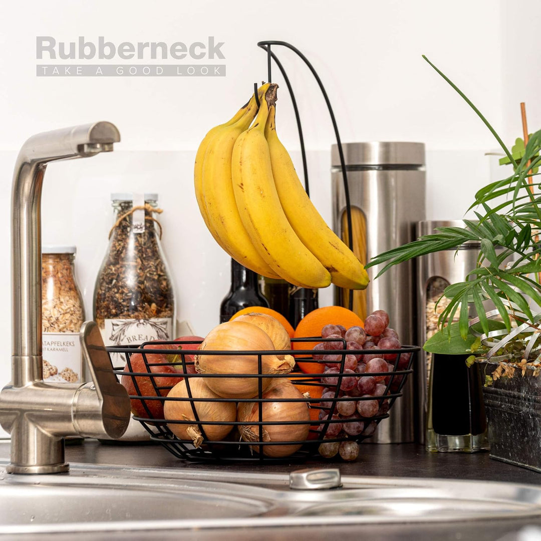 Rubberneck Obstkorb mit Bananenhaken aus Metall - moderne Obstschale mit herausnehmbarer Trennwand u