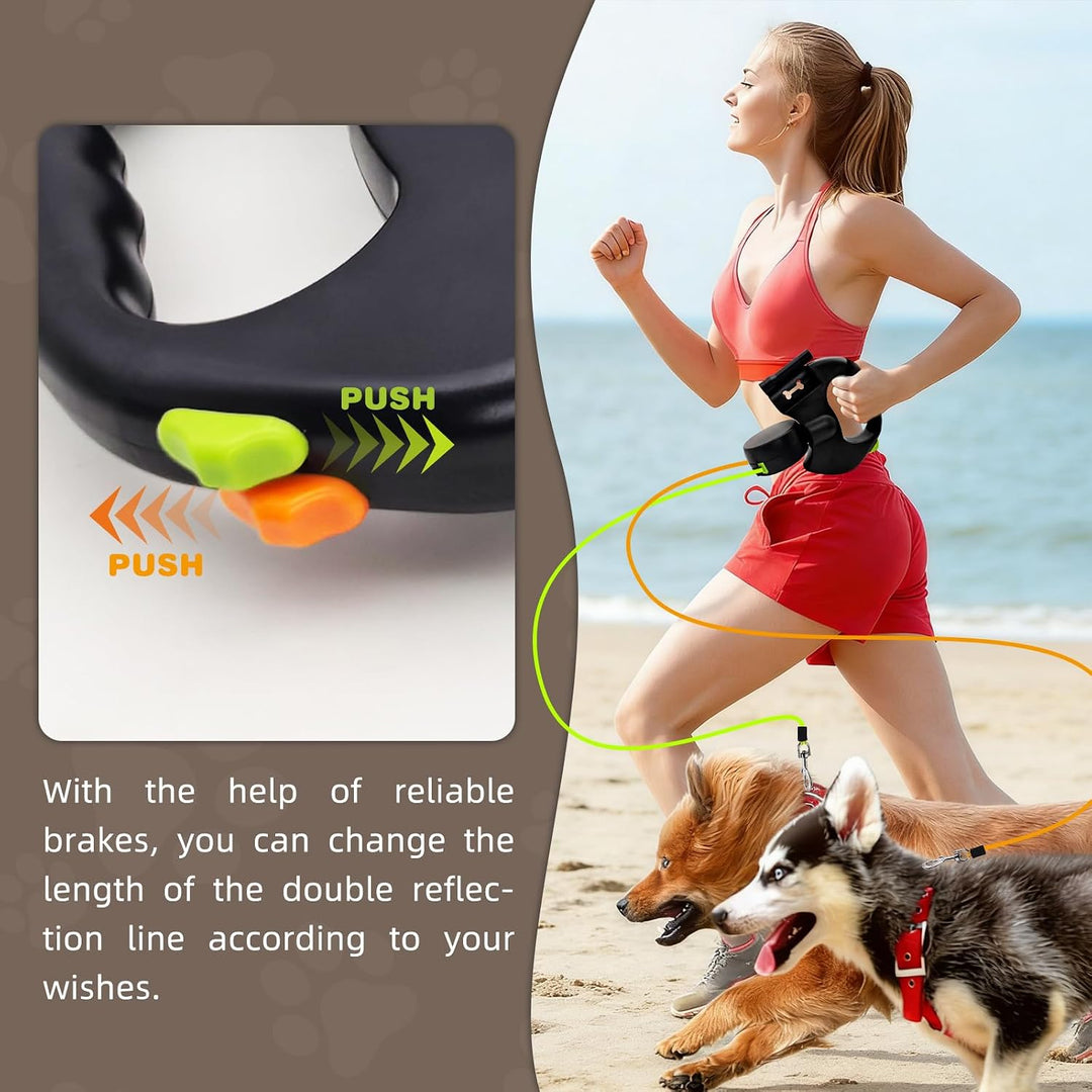 Hundeleine für 2 Hunde, Automatisch Einziehbare Hunde Leine mit Taschenlampe und Taschenspender, Dop