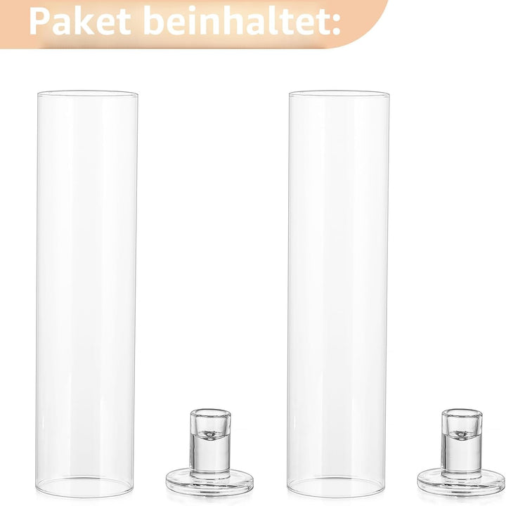 NUPTIO Glaszylinder für Kerzen Kerzenhalter Klarglas - Satz von 2 Kerzenständer Stabkerzen Stabkerze