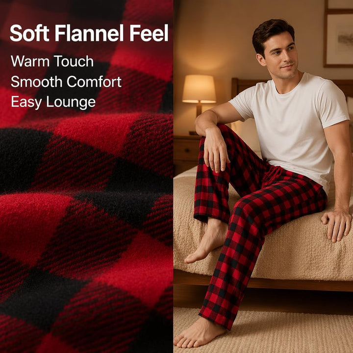Herren 100% Baumwolle Flanell Bequeme Pyjama/Lounge Bottoms mit Taschen S Black Red Check, S Black R
