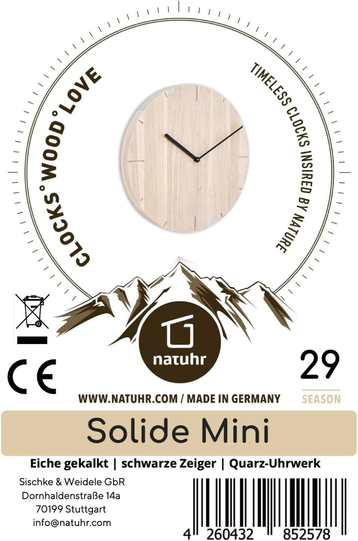 Natuhr Wanduhr Eiche gekalkt Holz Solide 20 cm Mini Massivholz, geräuscharmes U.T.S. Uhrwerk (Eiche