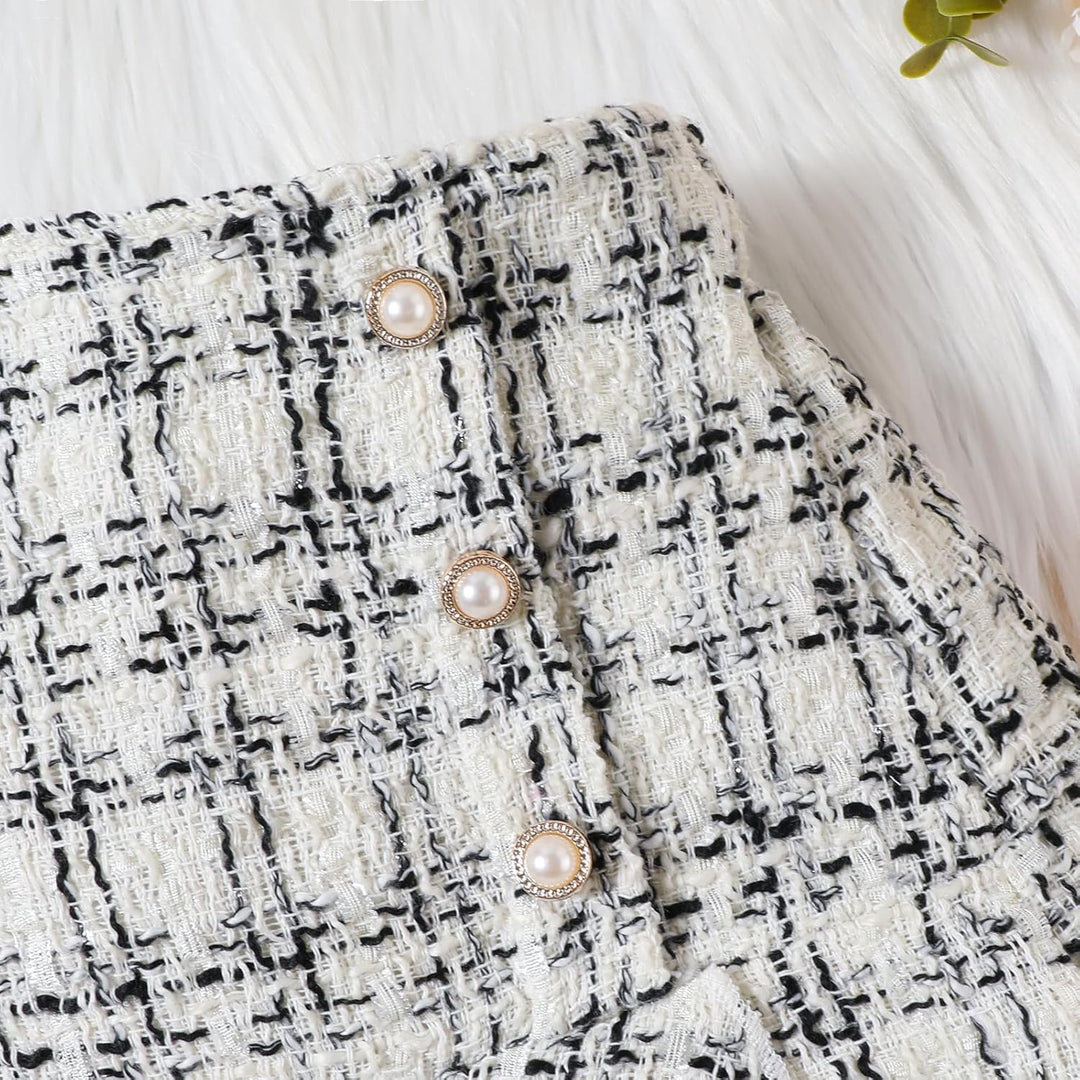 Kleinkind Baby Mädchen Kleidung Langarm Gerippte Oberteile Plaid Tweed Muster Rock Baskenmütze Herbs